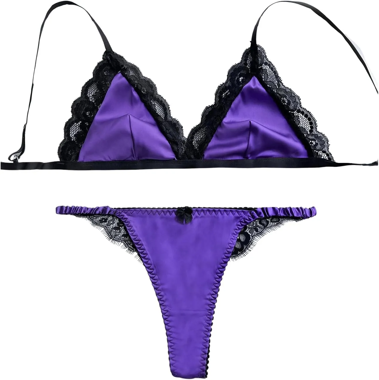 WDIRARA Women's 2 Piece Lace Trim Satin Underwear Set Wireless Scallop Bralettes and Mid Rise Thong Lingerie Sets