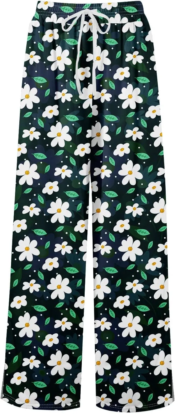 Wide Leg Pants for Women Summer Floral Casual High Waistd Pants Elastic Waist Drawstring Side Slit Pockets Outfits
