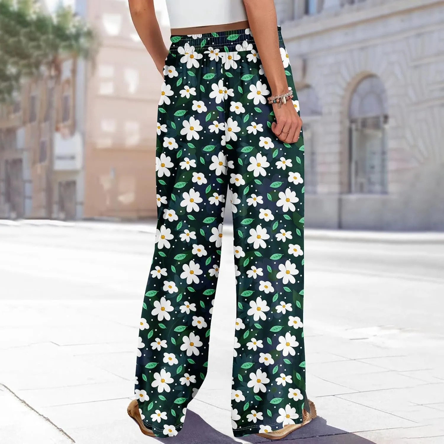 Wide Leg Pants for Women Summer Floral Casual High Waistd Pants Elastic Waist Drawstring Side Slit Pockets Outfits