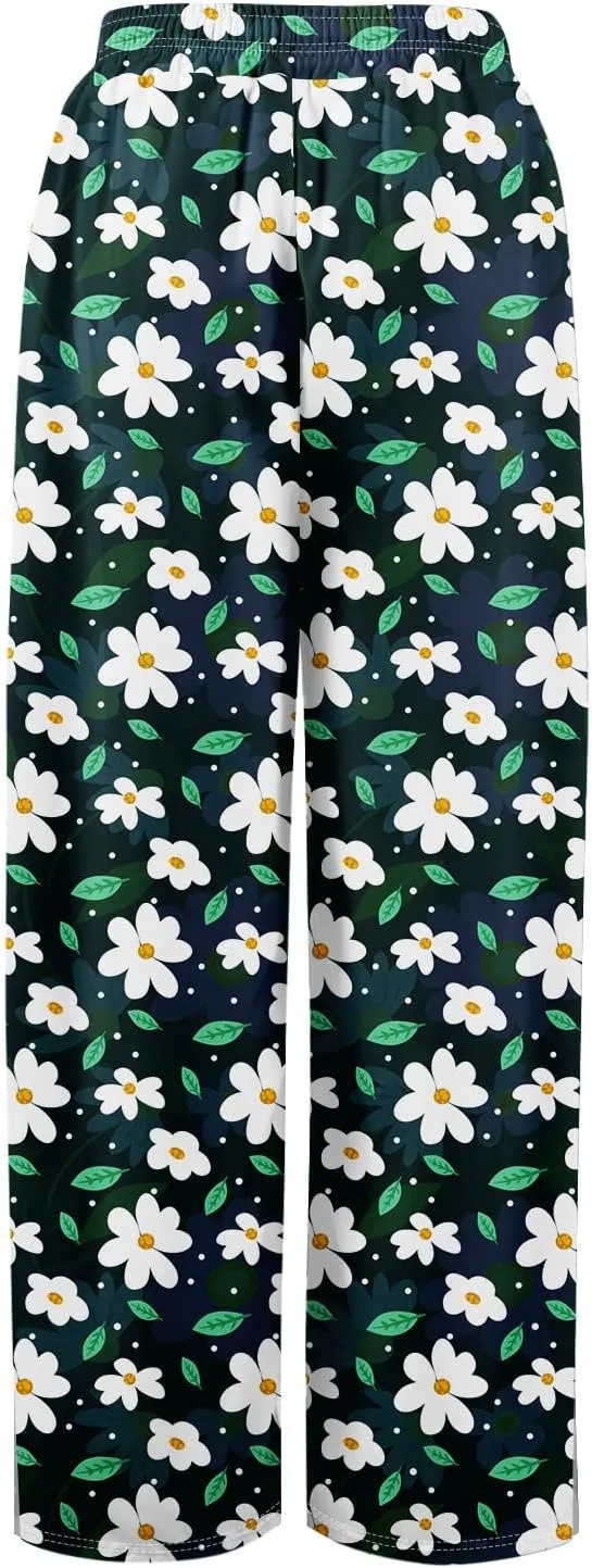 Wide Leg Pants for Women Summer Floral Casual High Waistd Pants Elastic Waist Drawstring Side Slit Pockets Outfits
