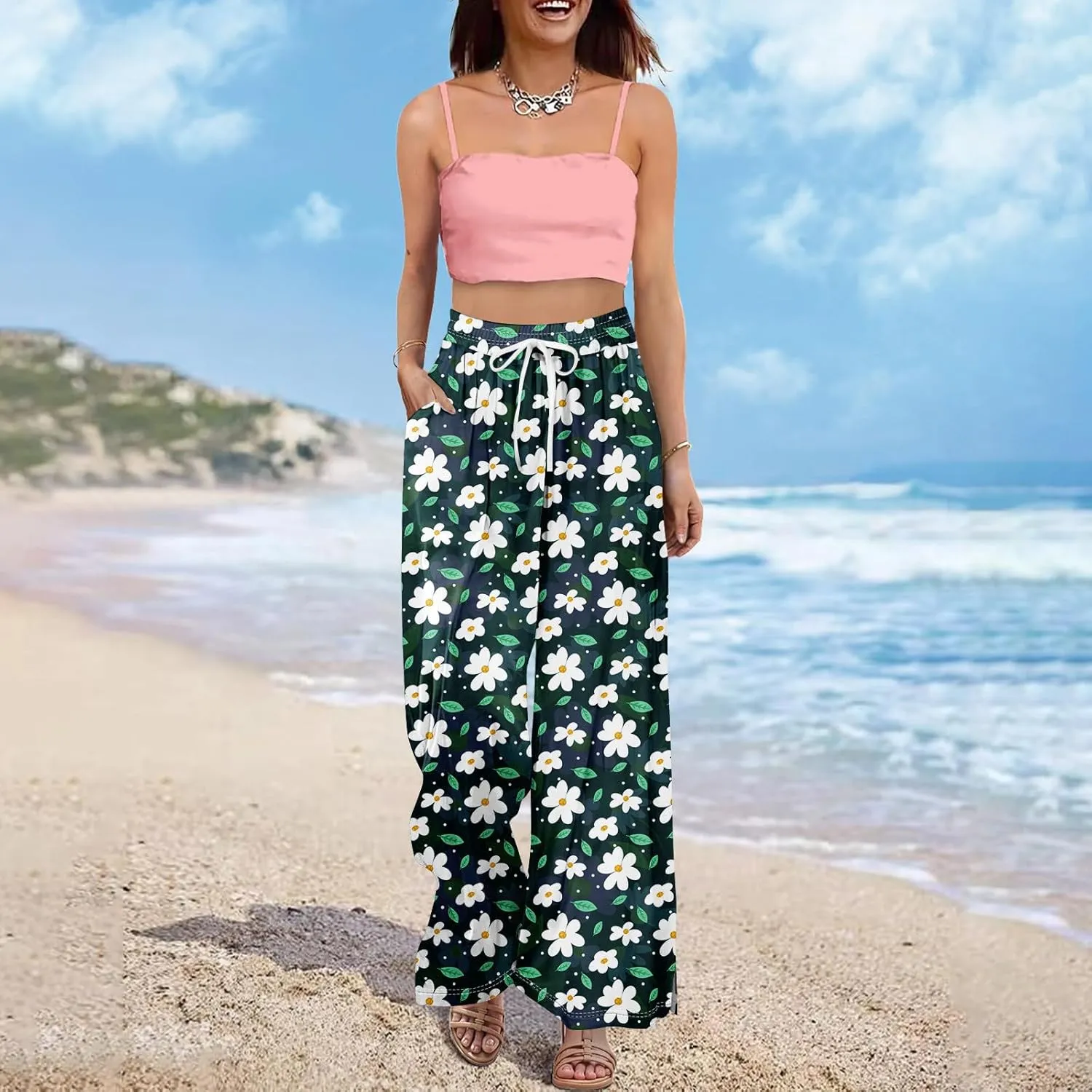 Wide Leg Pants for Women Summer Floral Casual High Waistd Pants Elastic Waist Drawstring Side Slit Pockets Outfits
