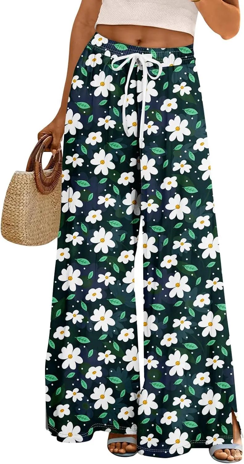 Wide Leg Pants for Women Summer Floral Casual High Waistd Pants Elastic Waist Drawstring Side Slit Pockets Outfits