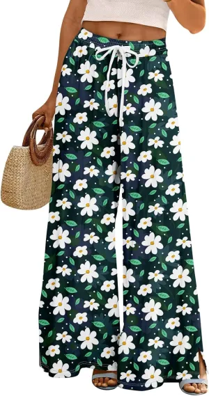 Wide Leg Pants for Women Summer Floral Casual High Waistd Pants Elastic Waist Drawstring Side Slit Pockets Outfits
