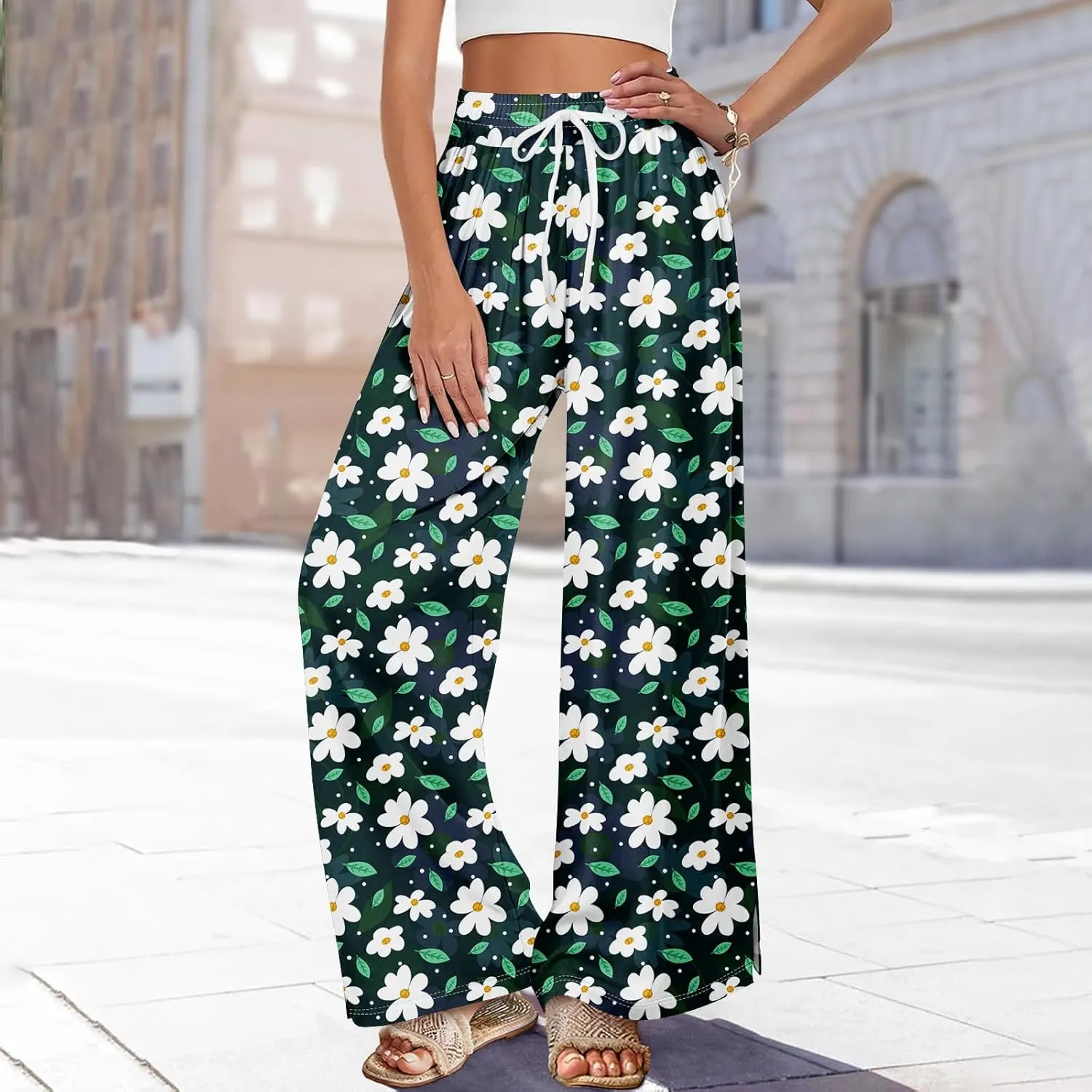 Wide Leg Pants for Women Summer Floral Casual High Waistd Pants Elastic Waist Drawstring Side Slit Pockets Outfits