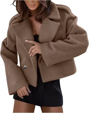 Women Crop Pea Coat Wool Blend Lapel Collar Jacket Office Work Short Winter Trench Coat Casual Fashion Outfits