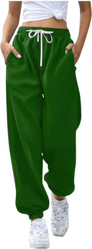 Women Drawstring Sweatpants Elastic Waist Trousers Solid Workout Drawstring High Waisted Pant Joggers with Pockets