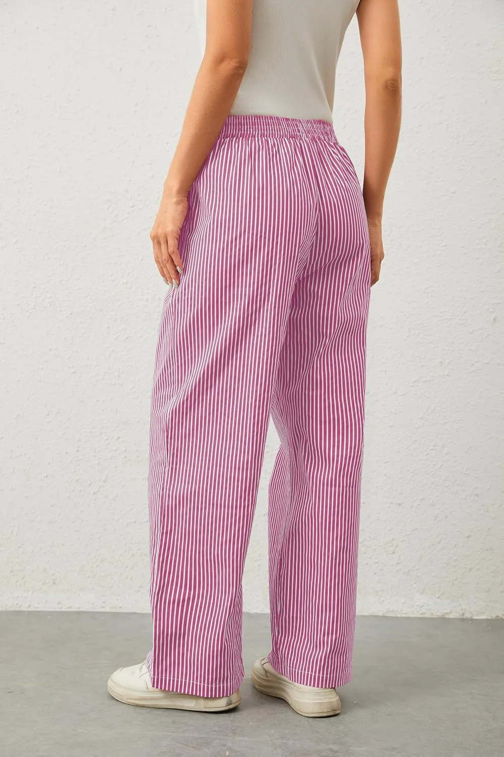 Women Elastic Waist Striped Pants Y2K Wide Leg Striped Print Trousers Low Waist Striped Lounge Pants with Pockets
