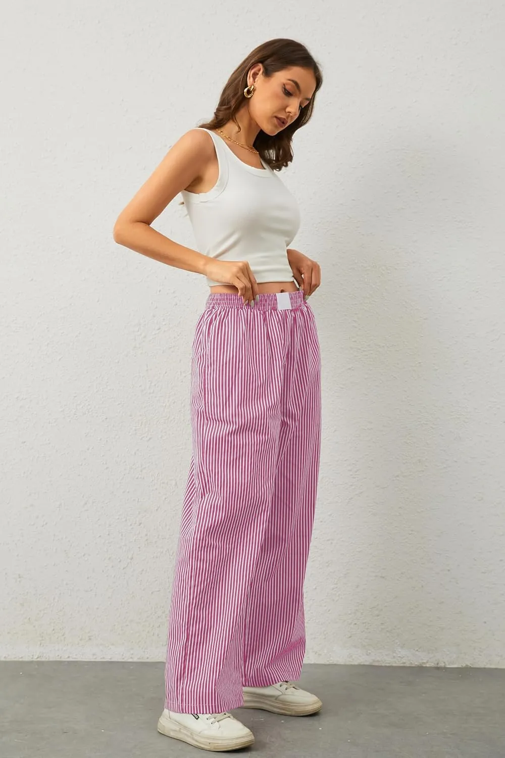 Women Elastic Waist Striped Pants Y2K Wide Leg Striped Print Trousers Low Waist Striped Lounge Pants with Pockets