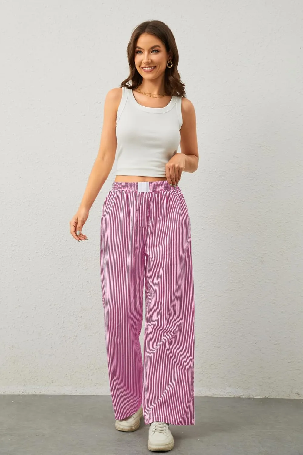 Women Elastic Waist Striped Pants Y2K Wide Leg Striped Print Trousers Low Waist Striped Lounge Pants with Pockets