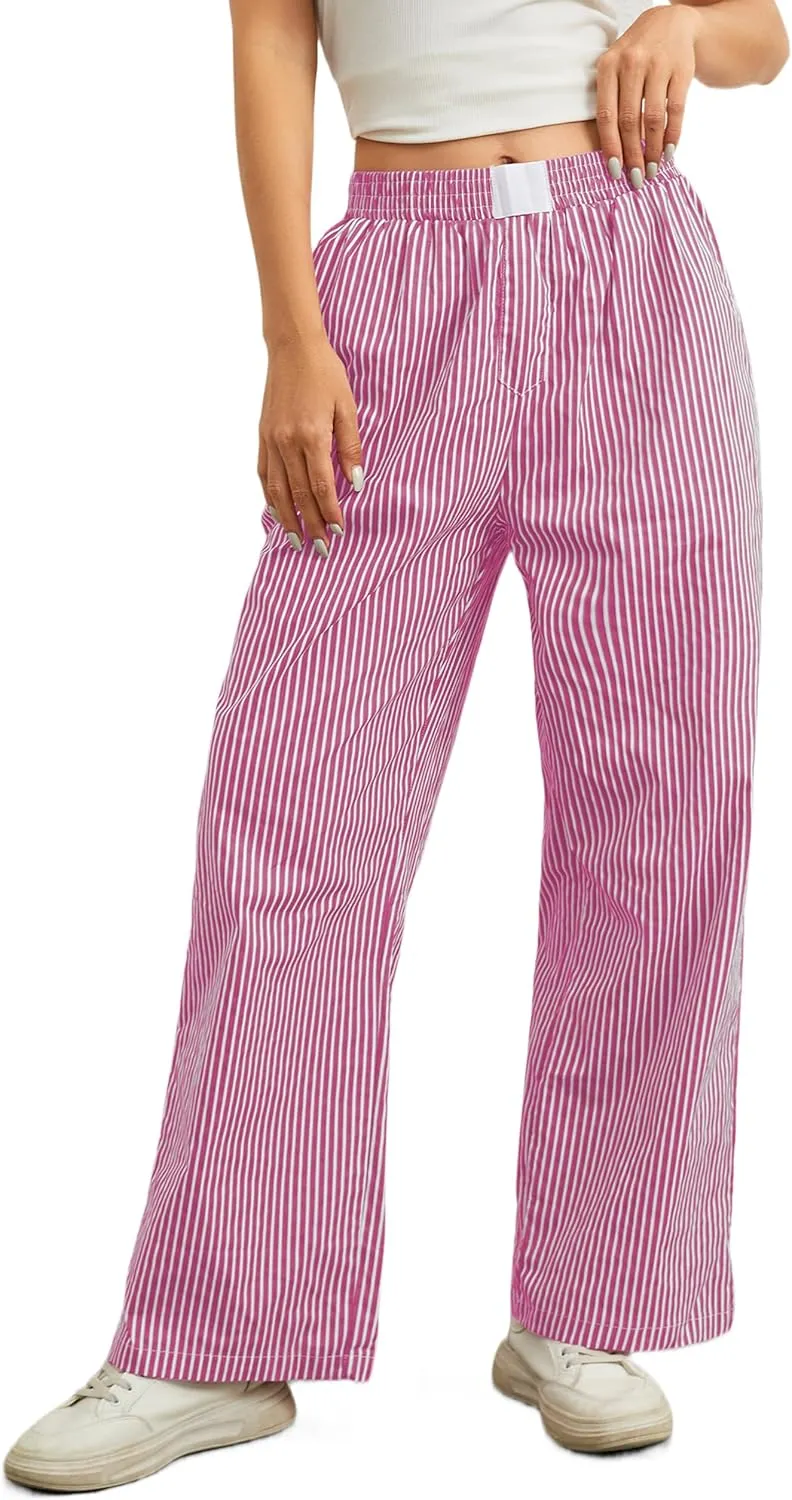 Women Elastic Waist Striped Pants Y2K Wide Leg Striped Print Trousers Low Waist Striped Lounge Pants with Pockets