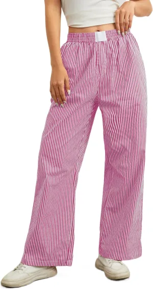 Women Elastic Waist Striped Pants Y2K Wide Leg Striped Print Trousers Low Waist Striped Lounge Pants with Pockets