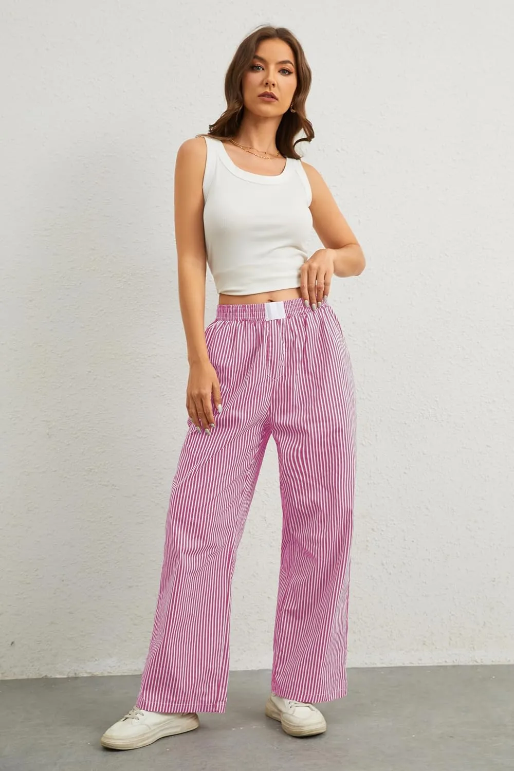Women Elastic Waist Striped Pants Y2K Wide Leg Striped Print Trousers Low Waist Striped Lounge Pants with Pockets