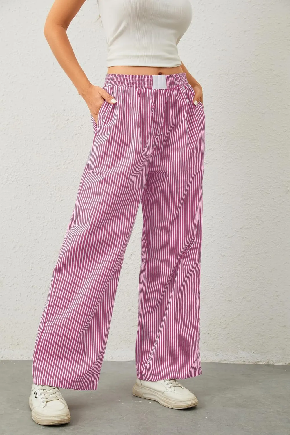 Women Elastic Waist Striped Pants Y2K Wide Leg Striped Print Trousers Low Waist Striped Lounge Pants with Pockets