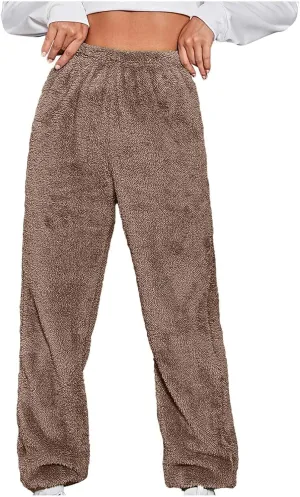 Women Fuzzy Fleece Pajama Pants Plush Winter Thermal Comfy Lounge Pants Flannel Sleepwear Pants Elastic Waist Trouser
