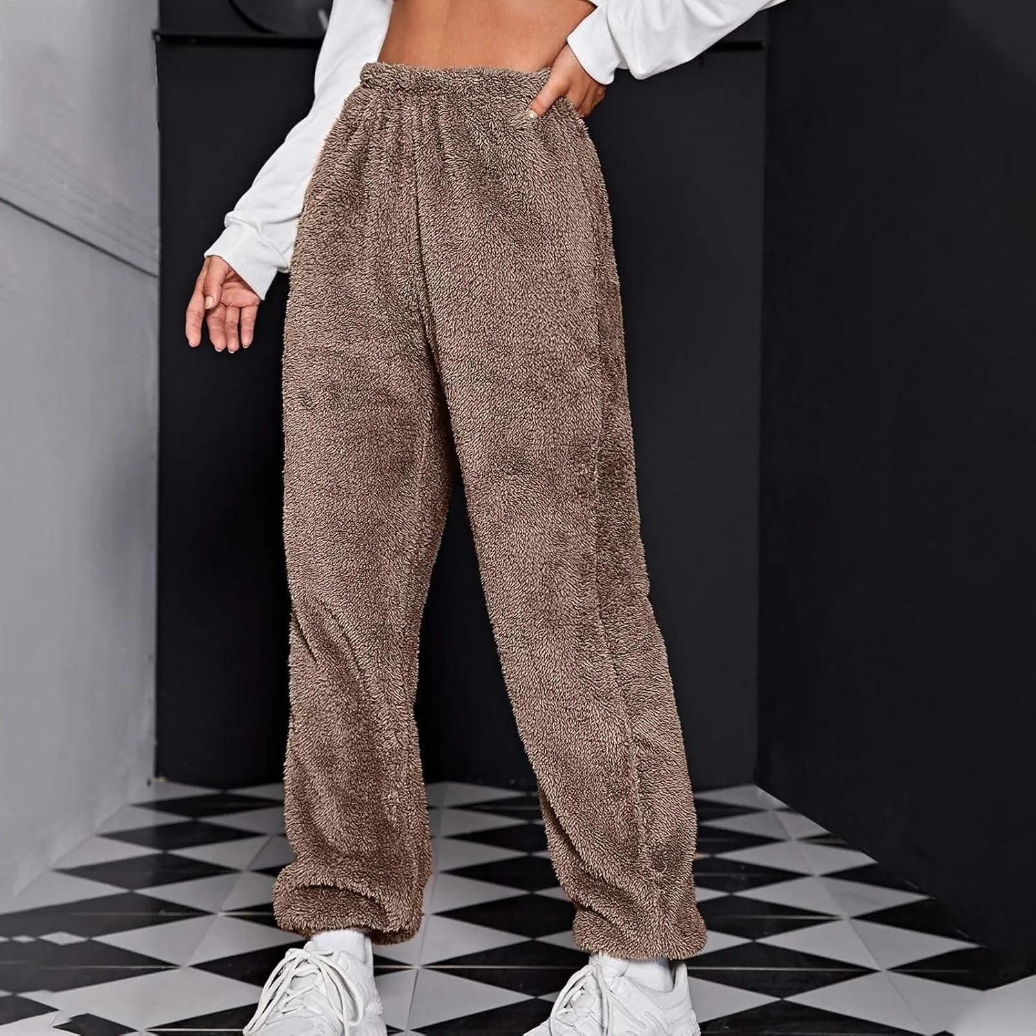Women Fuzzy Fleece Pajama Pants Plush Winter Thermal Comfy Lounge Pants Flannel Sleepwear Pants Elastic Waist Trouser