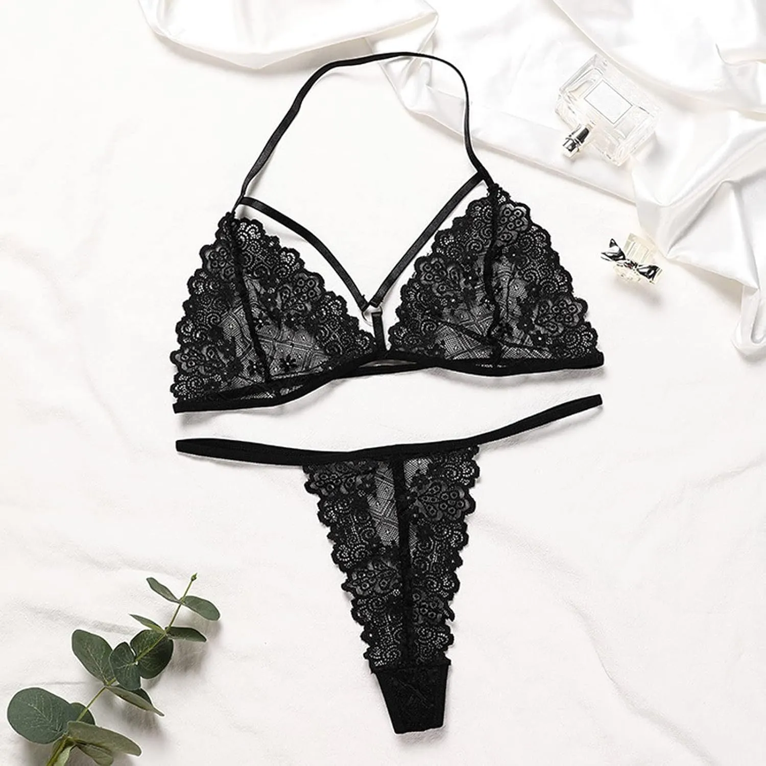 Women Lingerie Set Lace Bralette and Panty Set Strappy Sheer Mesh Lingerie Sexy Bralette High Waisted Thong Underwear