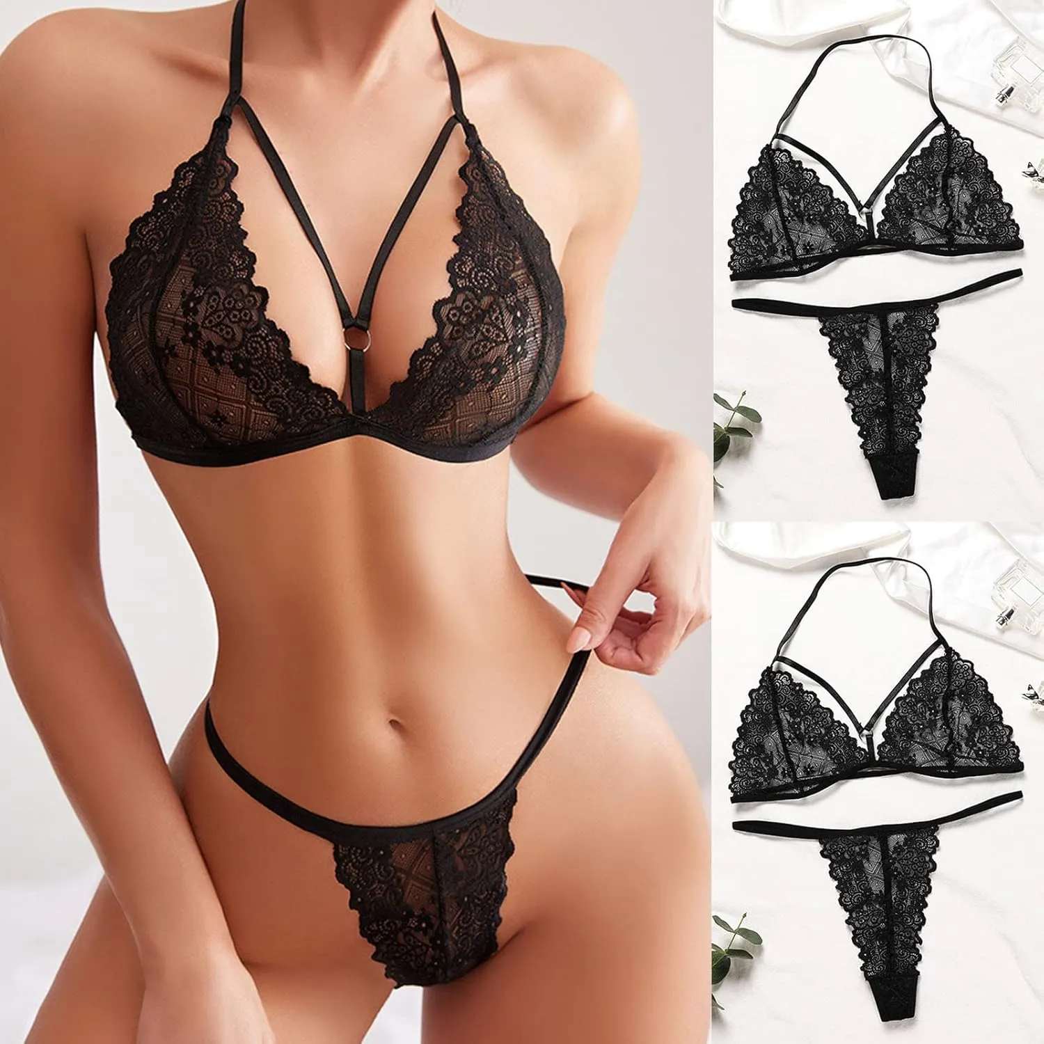 Women Lingerie Set Lace Bralette and Panty Set Strappy Sheer Mesh Lingerie Sexy Bralette High Waisted Thong Underwear