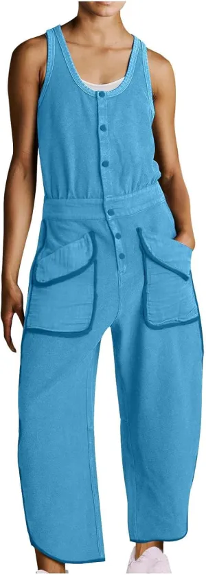 Women Loose Fit Linen Bib Pants Romper for Women Straight Leg Plain Long Leg Summer Fall Pants 2025 Trendy