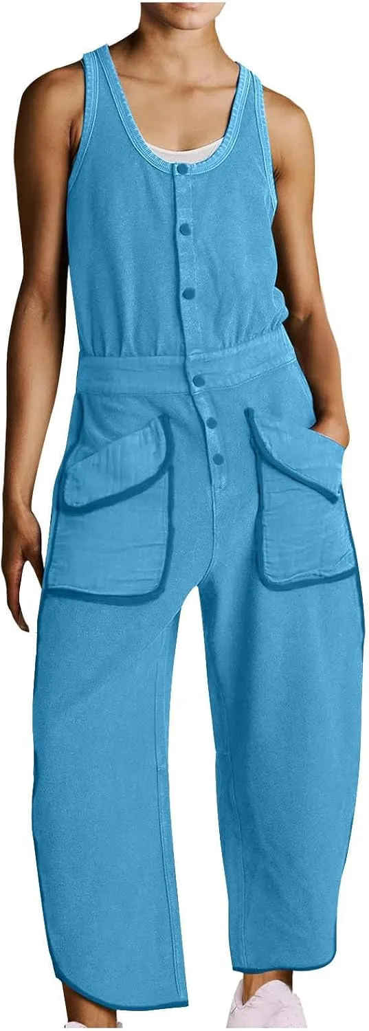 Women Loose Fit Linen Bib Pants Romper for Women Straight Leg Plain Long Leg Summer Fall Pants 2025 Trendy