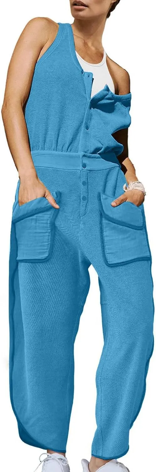 Women Loose Fit Linen Bib Pants Romper for Women Straight Leg Plain Long Leg Summer Fall Pants 2025 Trendy