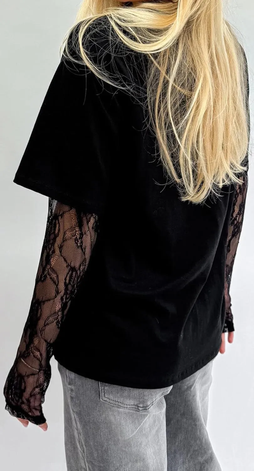 Women Y2k Lace Patchwork Long Sleeve Shirts Crewneck Sheer Mesh Lace Sleeves Oversized Blouses Tee Coquette Clothes