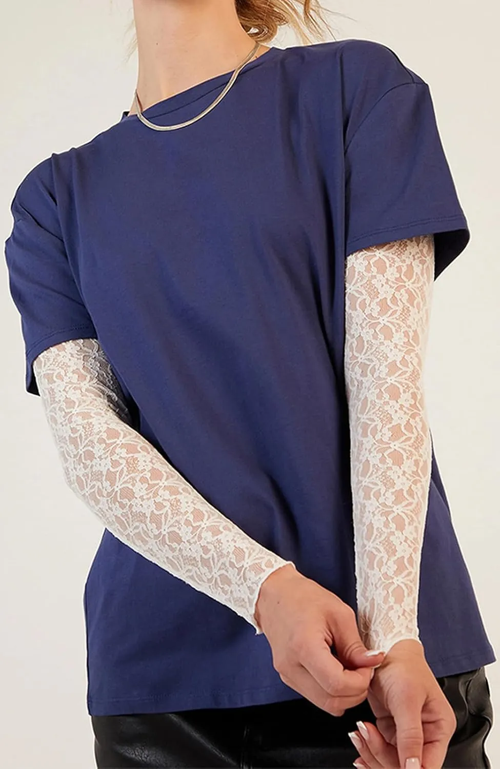 Women Y2k Lace Patchwork Long Sleeve Shirts Crewneck Sheer Mesh Lace Sleeves Oversized Blouses Tee Coquette Clothes