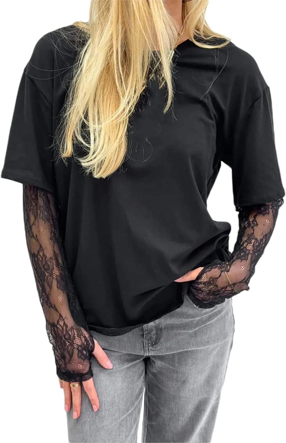 Women Y2k Lace Patchwork Long Sleeve Shirts Crewneck Sheer Mesh Lace Sleeves Oversized Blouses Tee Coquette Clothes