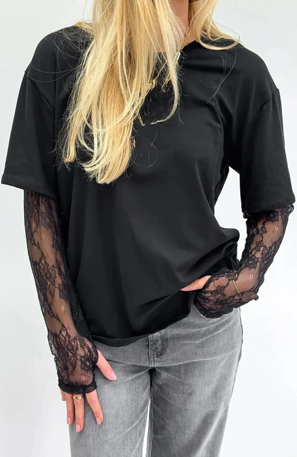 Women Y2k Lace Patchwork Long Sleeve Shirts Crewneck Sheer Mesh Lace Sleeves Oversized Blouses Tee Coquette Clothes