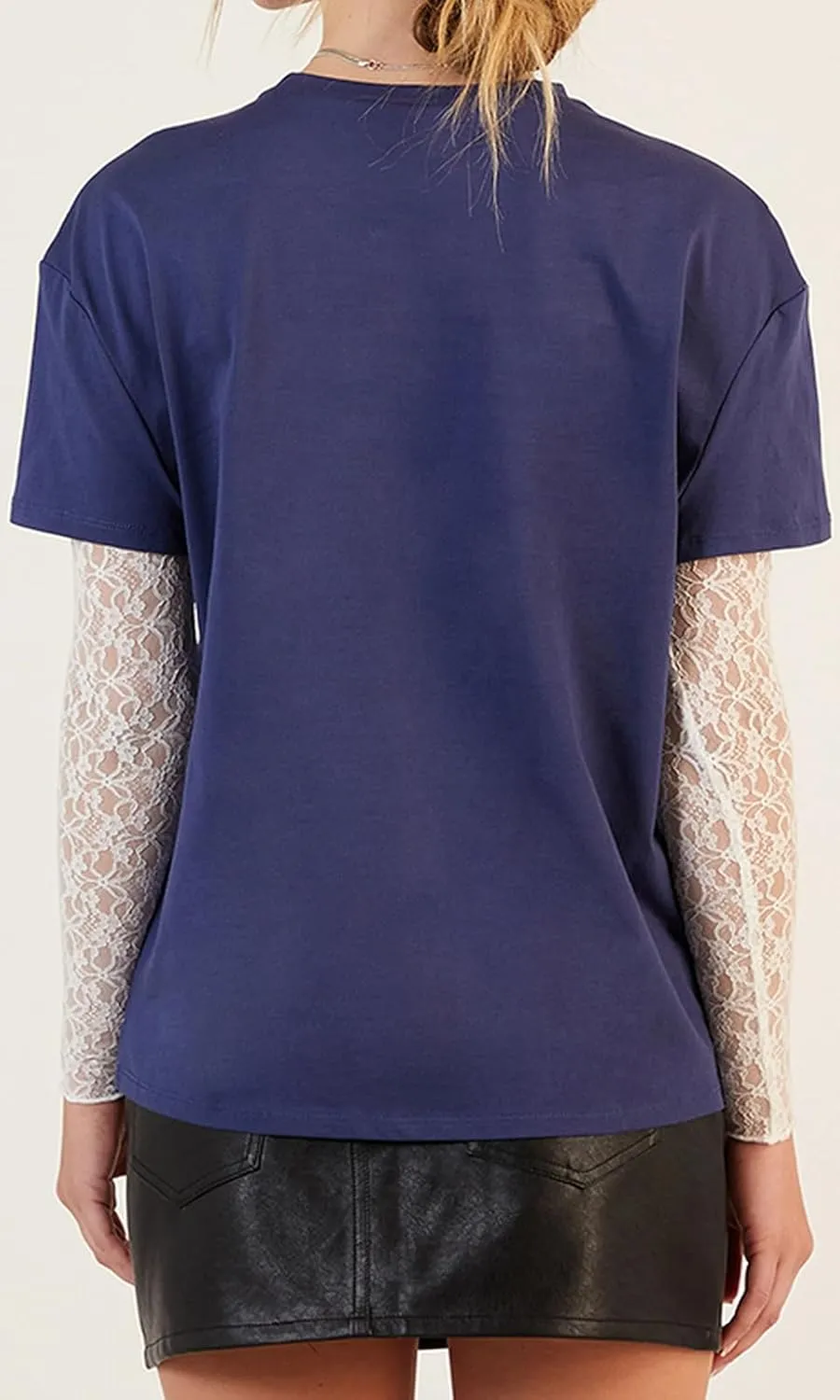 Women Y2k Lace Patchwork Long Sleeve Shirts Crewneck Sheer Mesh Lace Sleeves Oversized Blouses Tee Coquette Clothes