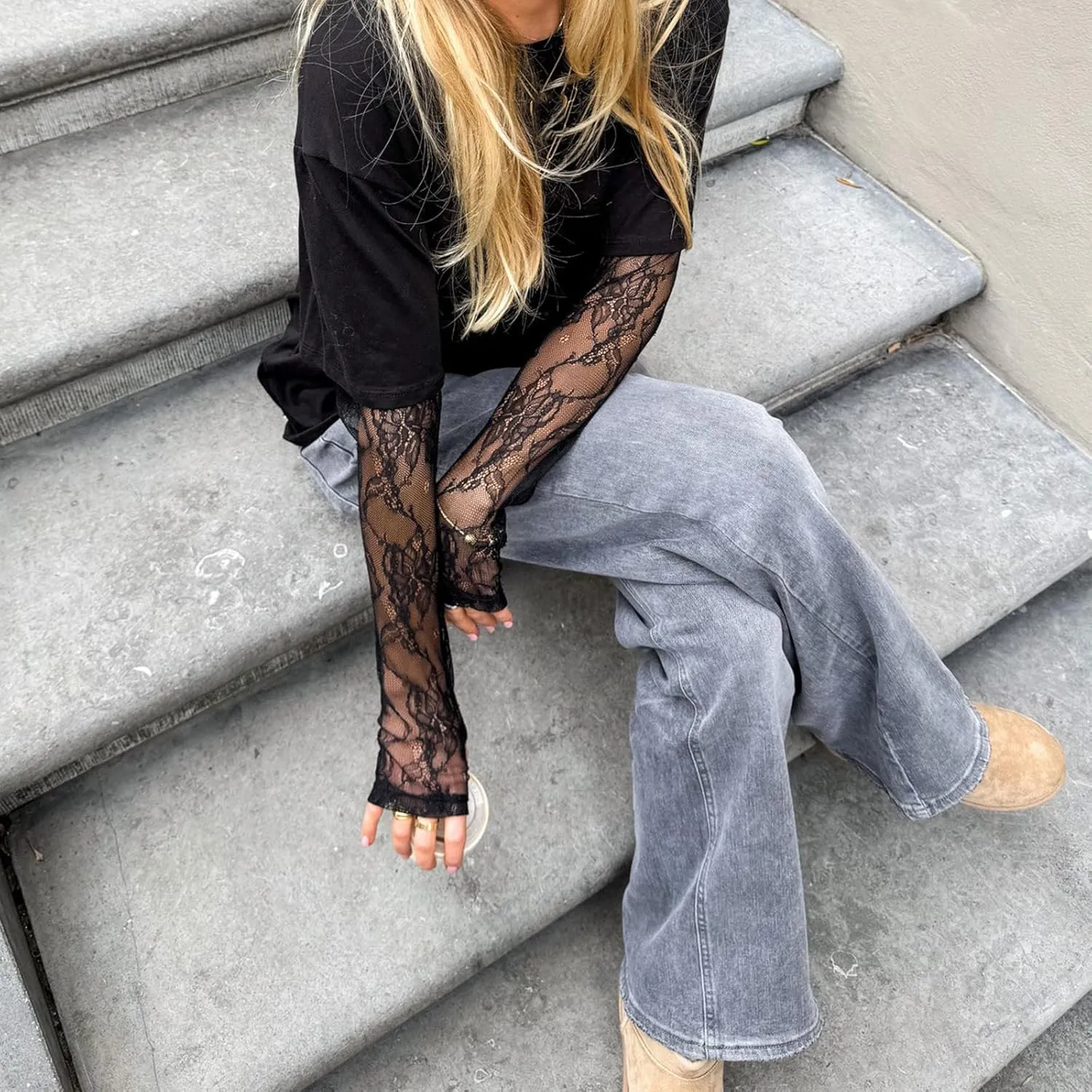 Women Y2k Lace Patchwork Long Sleeve Shirts Crewneck Sheer Mesh Lace Sleeves Oversized Blouses Tee Coquette Clothes