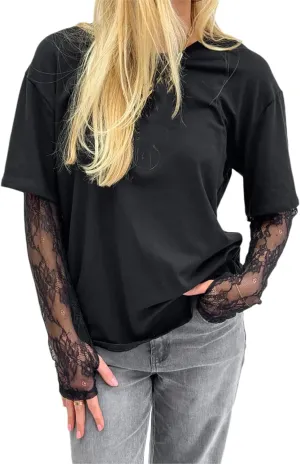 Women Y2k Lace Patchwork Long Sleeve Shirts Crewneck Sheer Mesh Lace Sleeves Oversized Blouses Tee Coquette Clothes