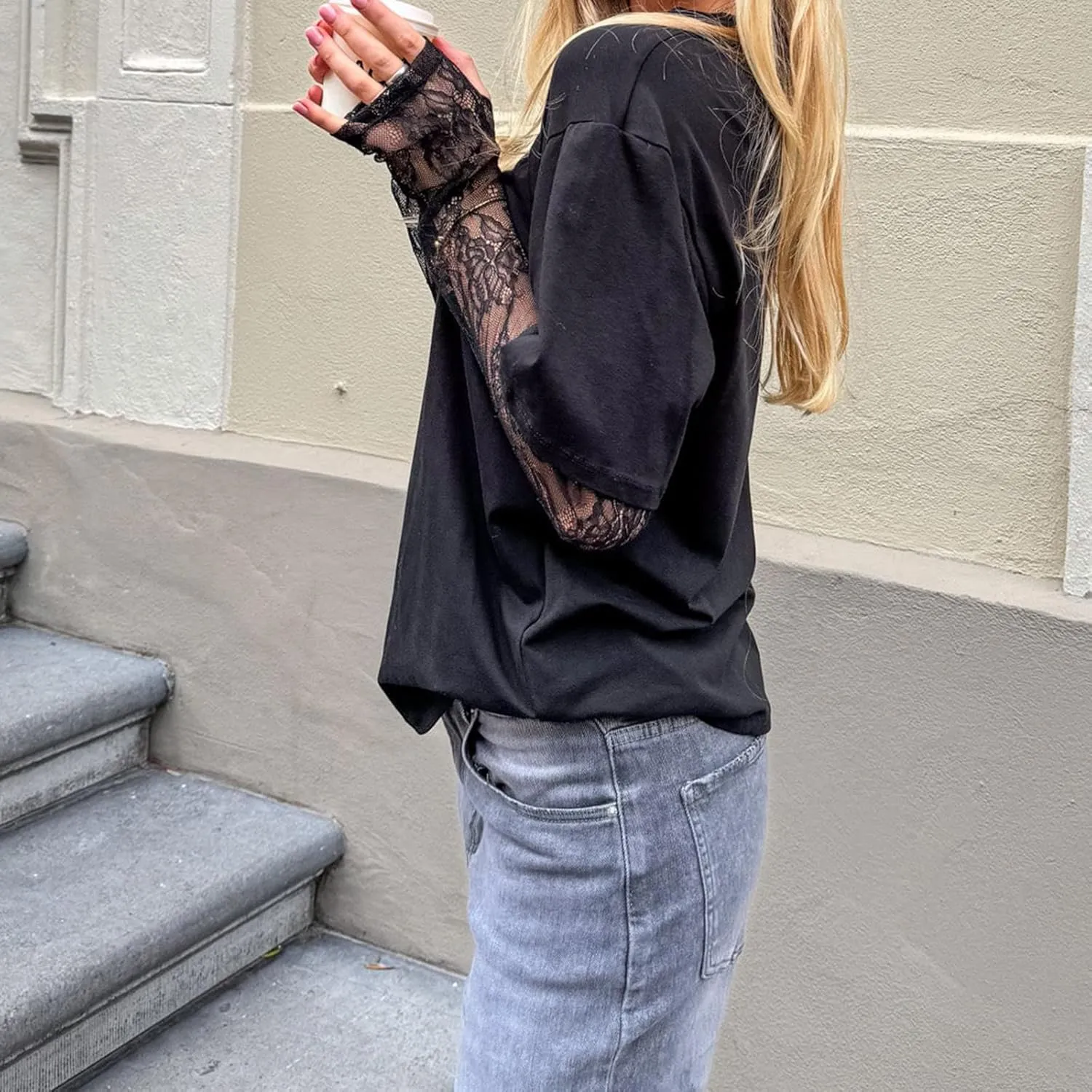 Women Y2k Lace Patchwork Long Sleeve Shirts Crewneck Sheer Mesh Lace Sleeves Oversized Blouses Tee Coquette Clothes