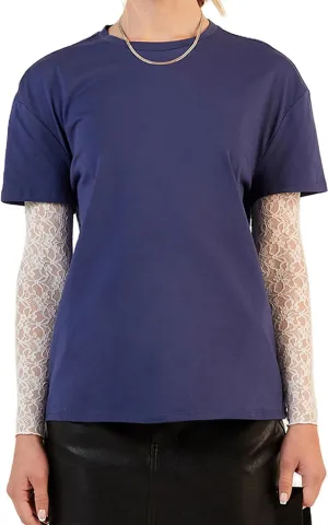 Women Y2k Lace Patchwork Long Sleeve Shirts Crewneck Sheer Mesh Lace Sleeves Oversized Blouses Tee Coquette Clothes