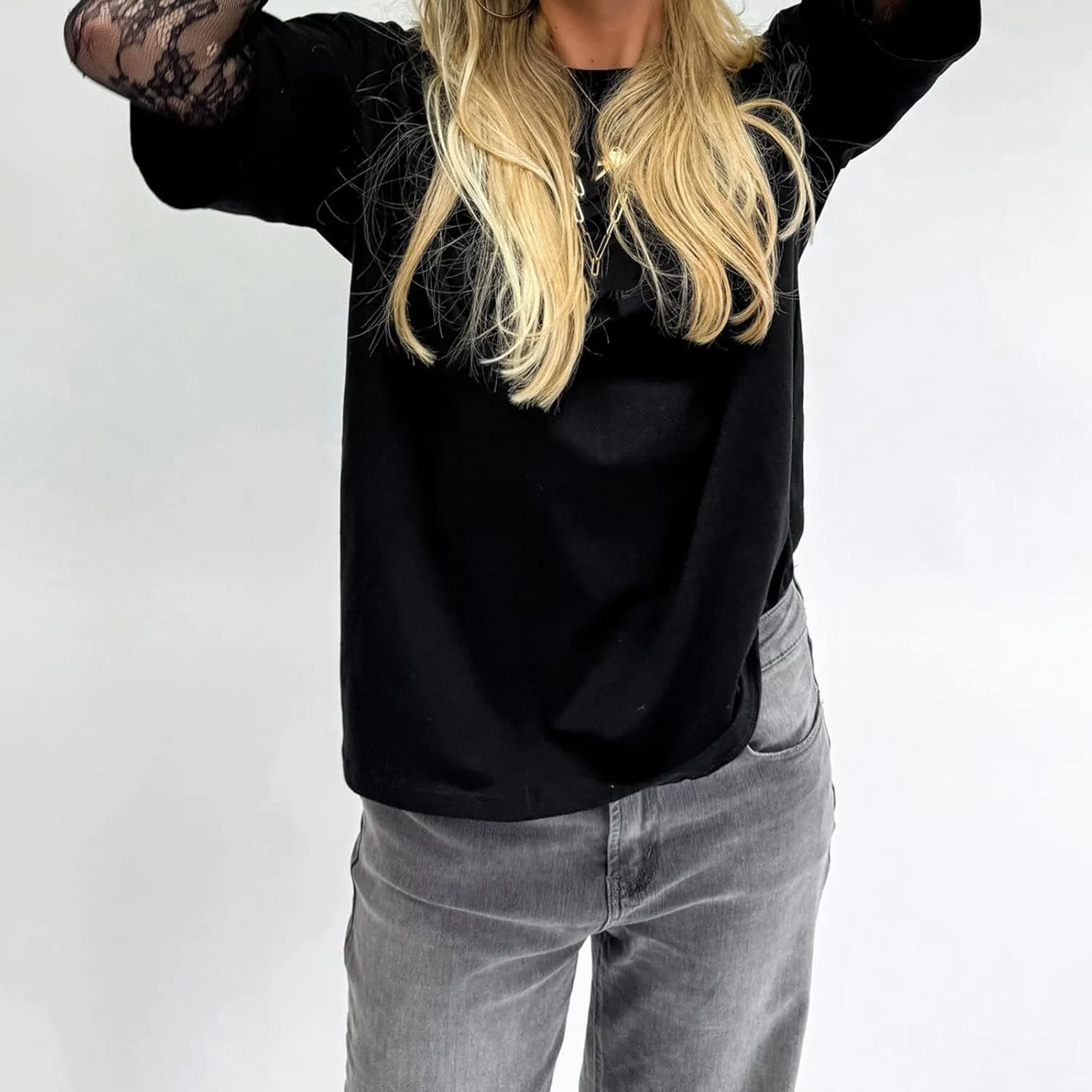 Women Y2k Lace Patchwork Long Sleeve Shirts Crewneck Sheer Mesh Lace Sleeves Oversized Blouses Tee Coquette Clothes