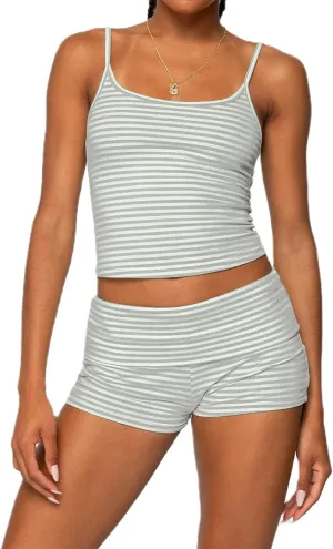 Women's 2 Piece Lounge Shorts Sets Striped Printed Camisole Crop Tops and Fold Over Shorts Cute Pajamas Set