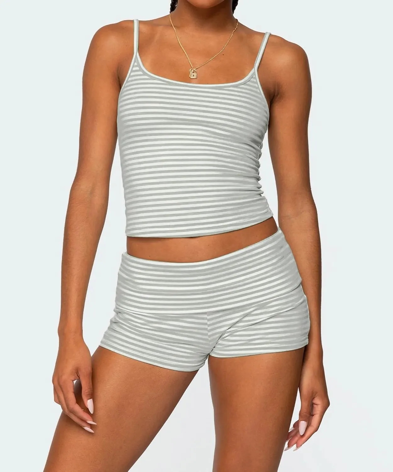 Women's 2 Piece Lounge Shorts Sets Striped Printed Camisole Crop Tops and Fold Over Shorts Cute Pajamas Set
