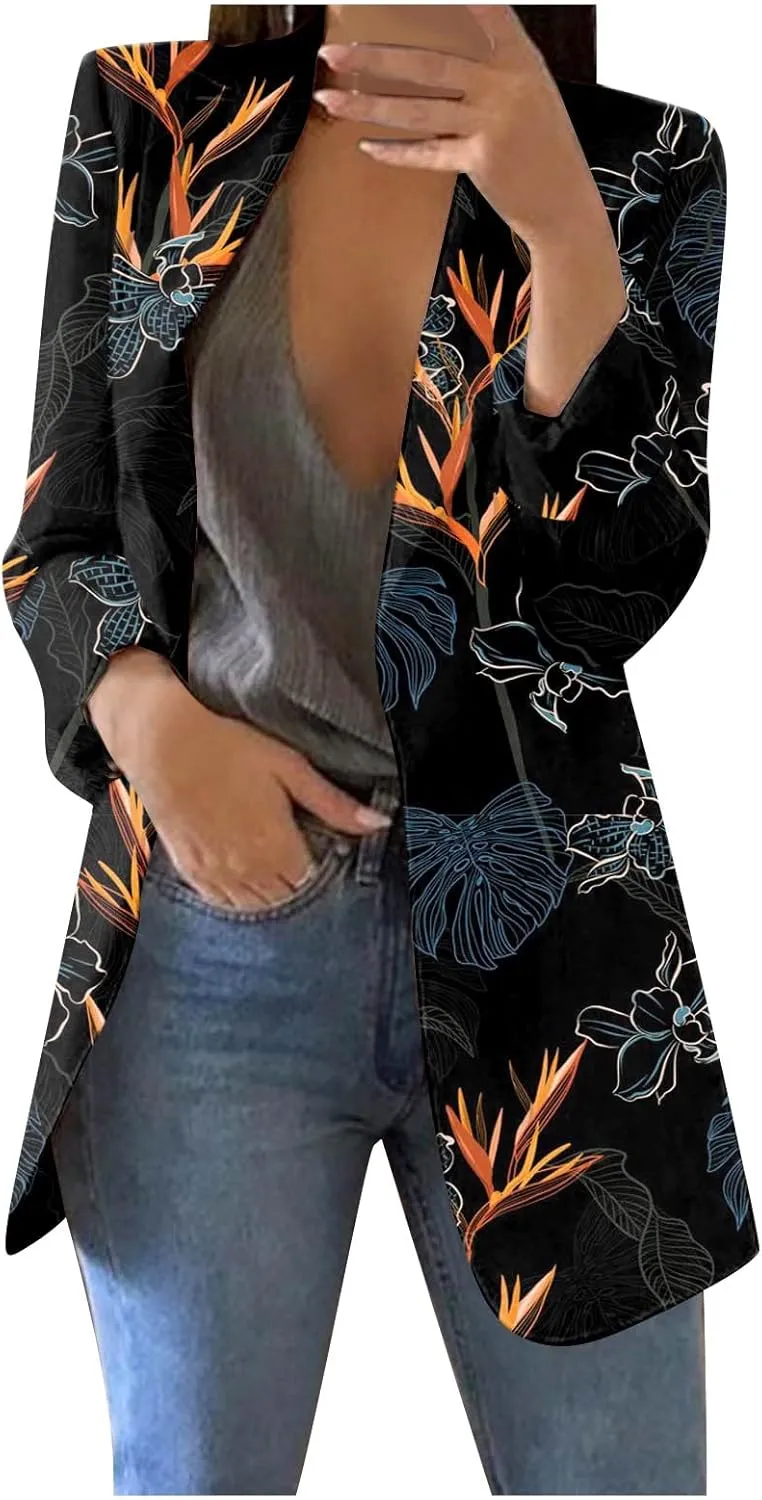 Womens 2024 Trendy Casual Blazers Open Front Long Sleeve Cardigan Work Office Suit Jacket Printed Blazer with Pocket