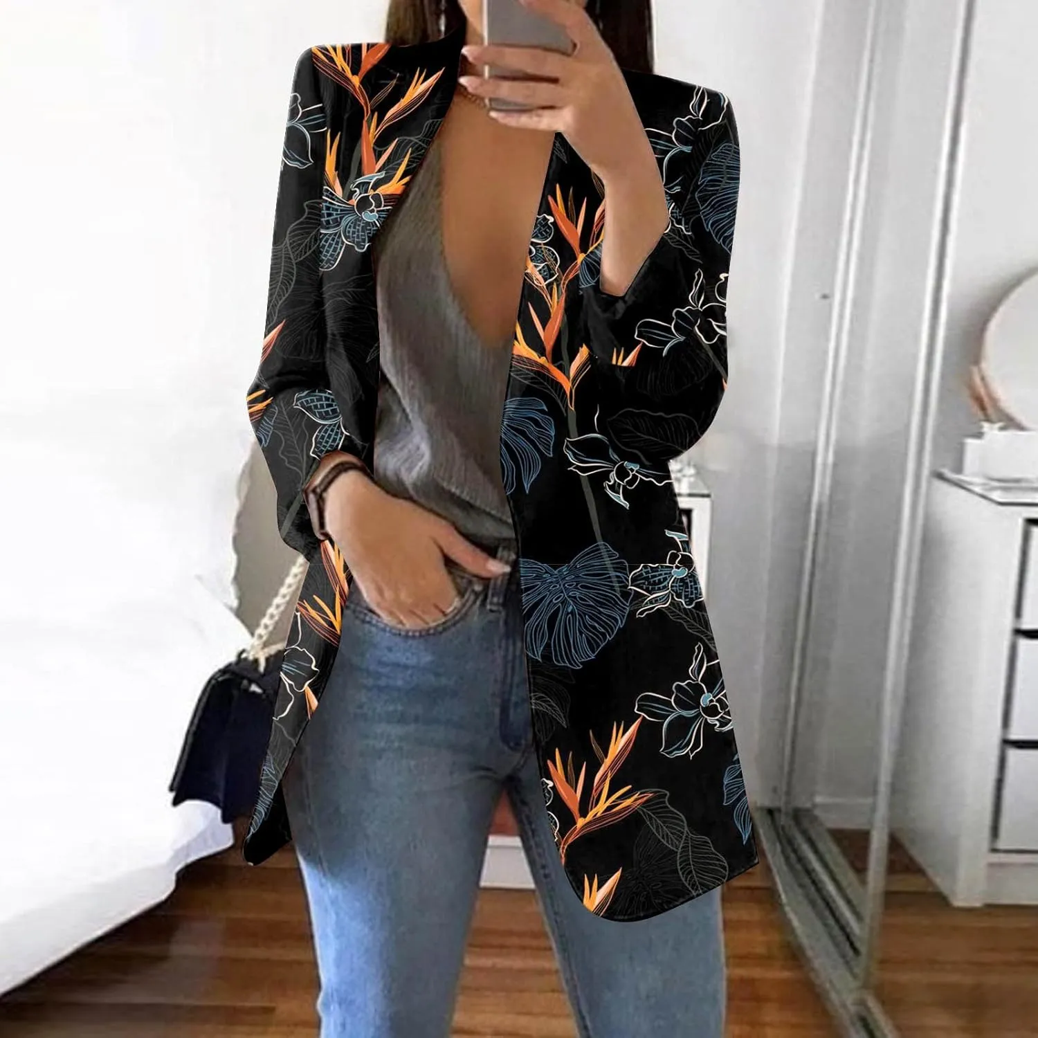 Womens 2024 Trendy Casual Blazers Open Front Long Sleeve Cardigan Work Office Suit Jacket Printed Blazer with Pocket