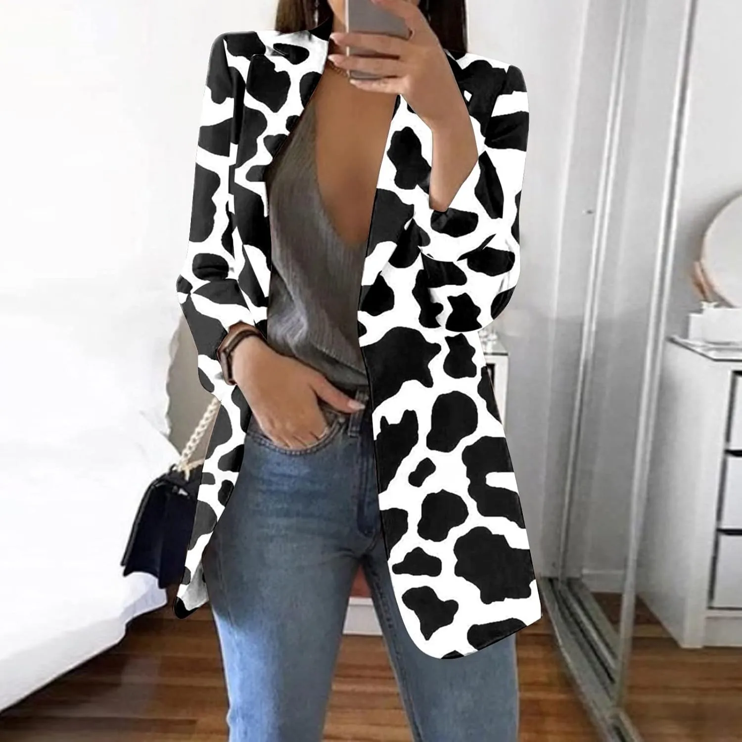 Womens 2024 Trendy Casual Blazers Open Front Long Sleeve Cardigan Work Office Suit Jacket Printed Blazer with Pocket