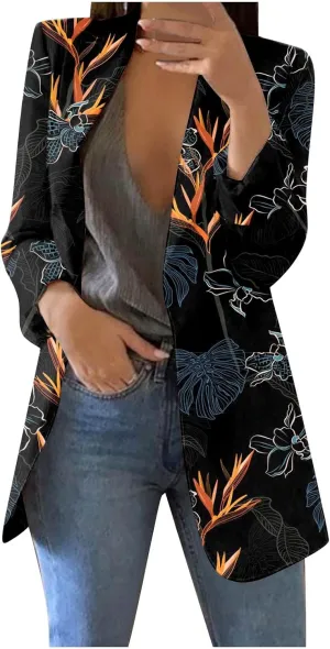 Womens 2024 Trendy Casual Blazers Open Front Long Sleeve Cardigan Work Office Suit Jacket Printed Blazer with Pocket