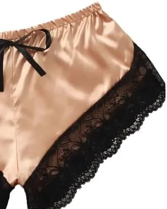 Women's 3-Piece Satin Lingerie Set with Contrast Lace  Bralette and Mid-Rise Panty, Wireless Light Support, Sleepwear