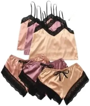 Women's 3-Piece Satin Lingerie Set with Contrast Lace  Bralette and Mid-Rise Panty, Wireless Light Support, Sleepwear