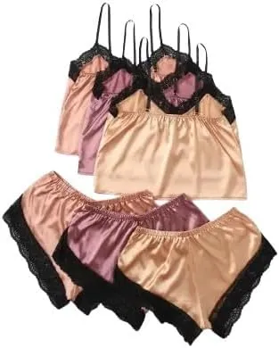 Women's 3-Piece Satin Lingerie Set with Contrast Lace  Bralette and Mid-Rise Panty, Wireless Light Support, Sleepwear