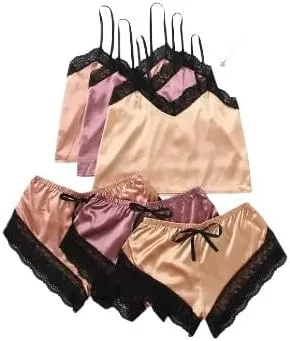 Women's 3-Piece Satin Lingerie Set with Contrast Lace  Bralette and Mid-Rise Panty, Wireless Light Support, Sleepwear