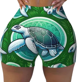 Women's Athletic Stretch Shorts Sea-Turtle-Green Running Shorts for Women
