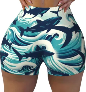Women's Athletic Stretch Shorts Sharks-Swim-Ocean-Waves Running Shorts for Women
