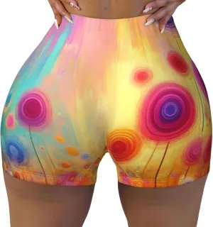 Women's Athletic Stretch Shorts Watercolor-Floral-Bloom-Spring Running Shorts for Women