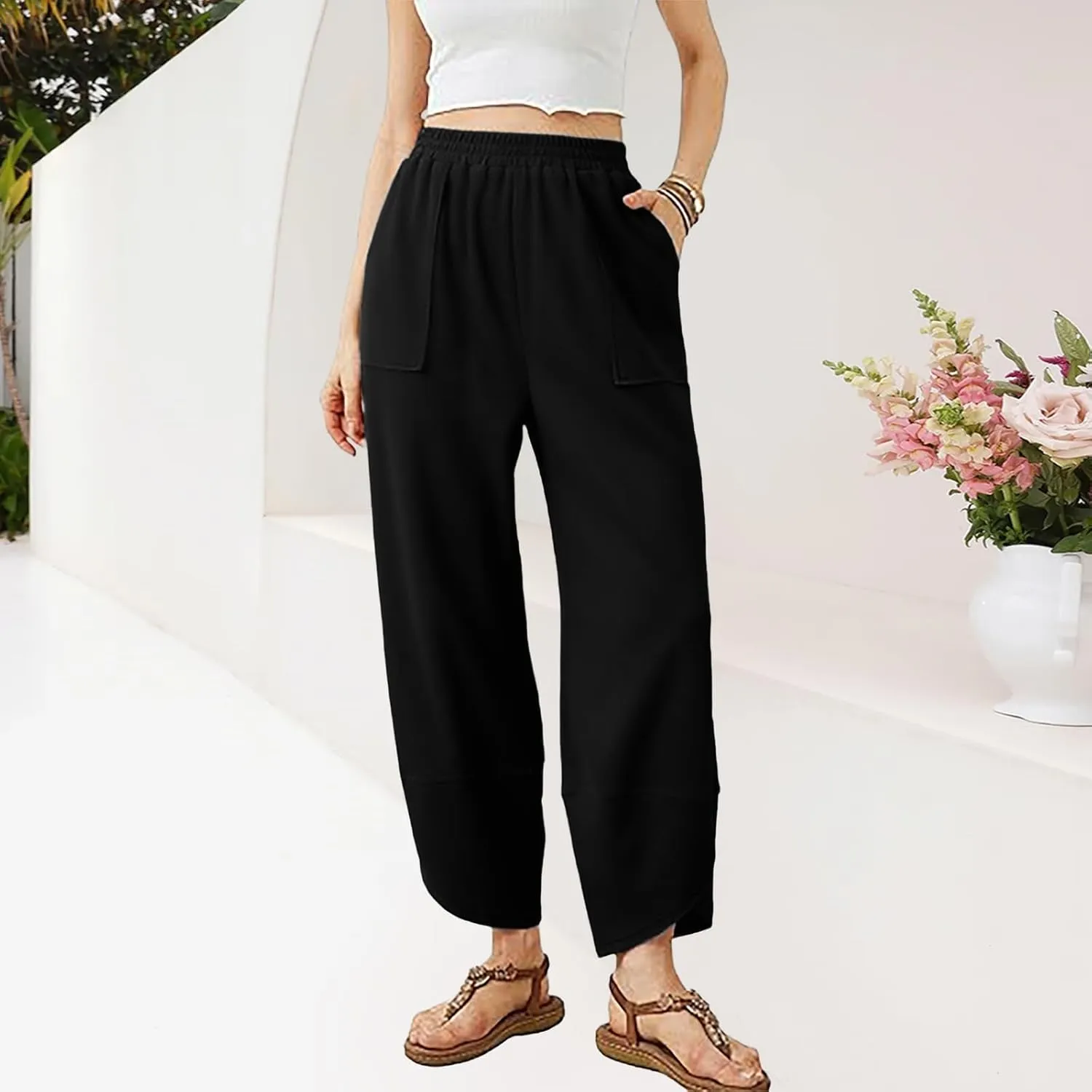 Womens Baggy Wide Leg Pants Elastic High Waisted Palazzo Harem Pants Curved Hem Lounge Sweatpants