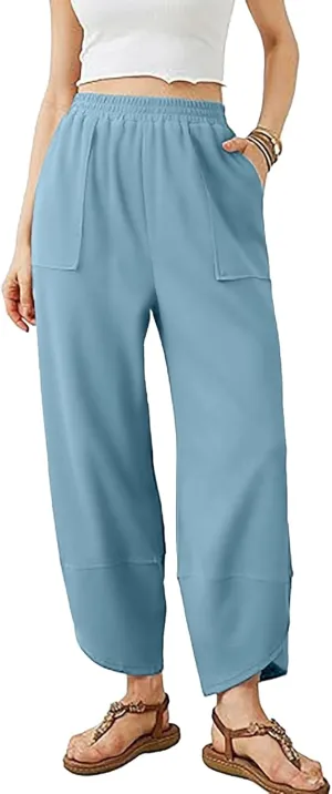 Womens Baggy Wide Leg Pants Elastic High Waisted Palazzo Harem Pants Curved Hem Lounge Sweatpants