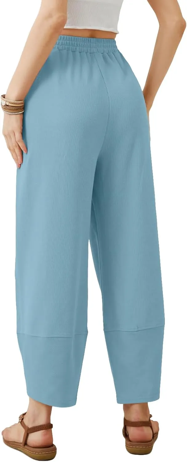 Womens Baggy Wide Leg Pants Elastic High Waisted Palazzo Harem Pants Curved Hem Lounge Sweatpants
